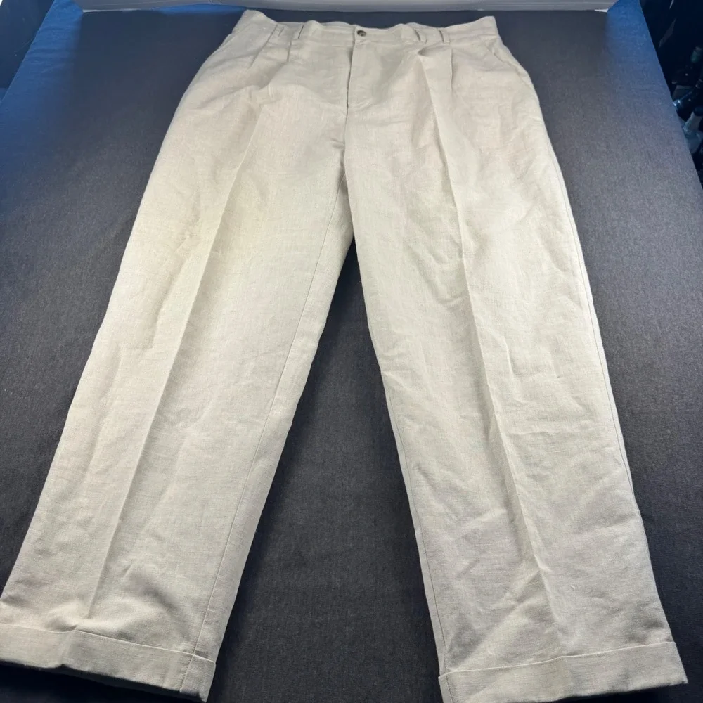 Perry Ellis Mens 36x30 Linen Cotton Blend Pleated Cuffed Trousers Beige Oatmeal